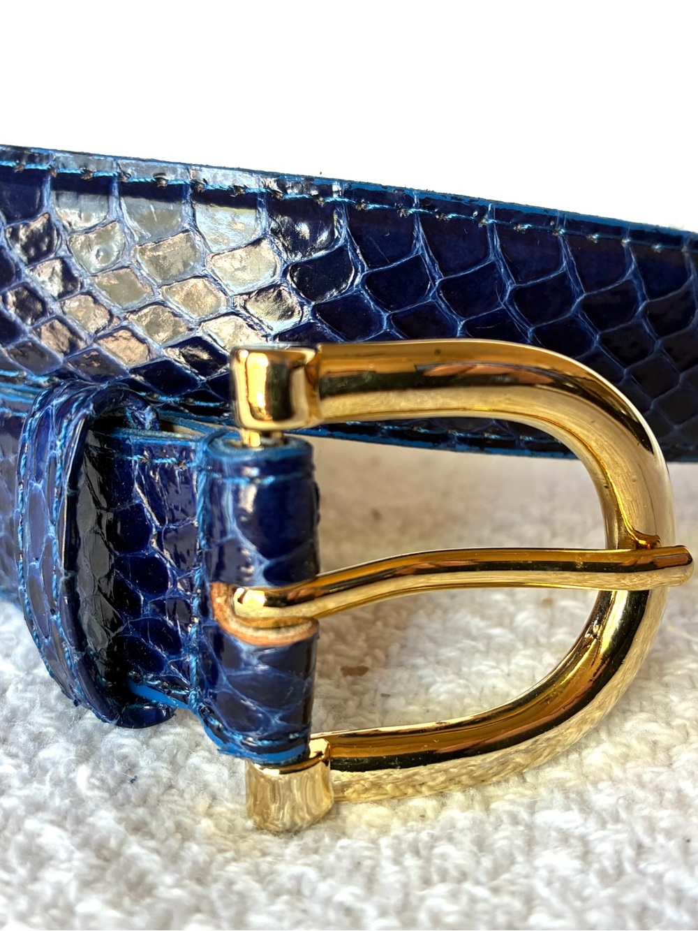 Blue Croc-Embossed Belt with Gold Buckle